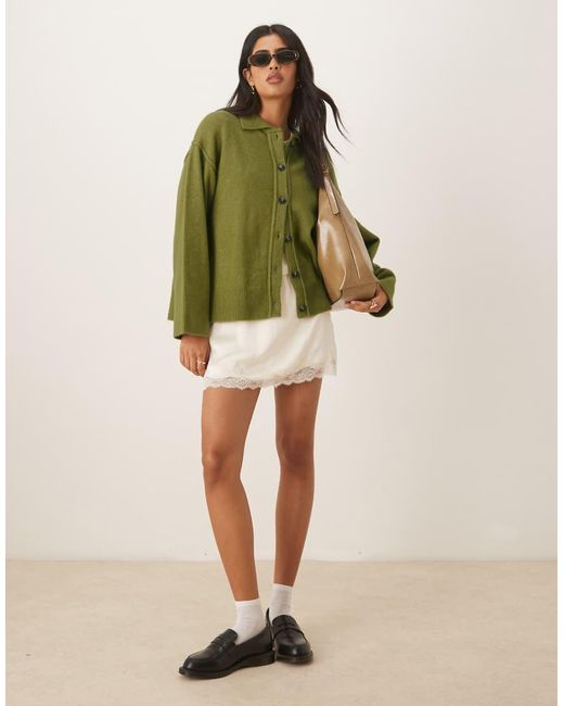 ASOS Green Knit Collar Shirt Cardigan With Seam Detailing