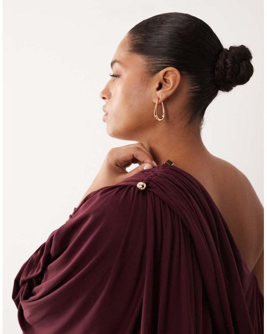 ARRANGE Red Curve Fallen Shoulder Draped Midi Dress With Train