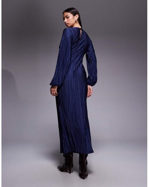 ASOS Blue Plisse Long Puff Sleeve Maxi Dress