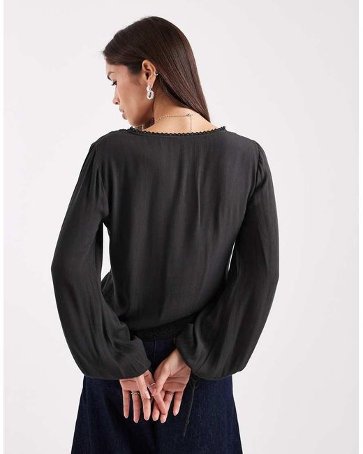 ASOS Black Textured Long Sleeve Lace Insert Blouse