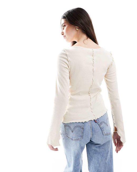 Monki Natural Overlock Seam Detail Ribbed Jersey Top