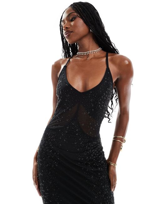 ASOS Black Sculpted Contour Mesh All Over Embellished Cami Maxi Dress