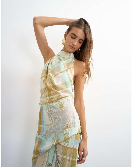 TOPSHOP Multicolor Premium Linen Blend Halter Neck Lace Hem Occasion Maxi Dress
