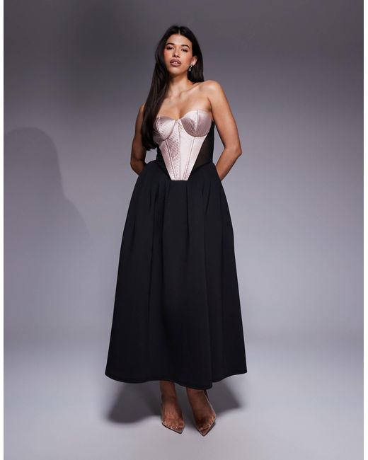 ASOS Blue Premium Bandeau Satin Corseted Maxi Dress With Full Skirt