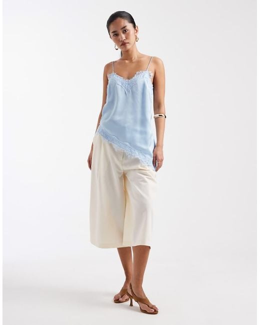 New Look Blue Longline Asymmetric Lace Trim Satin Cami Top