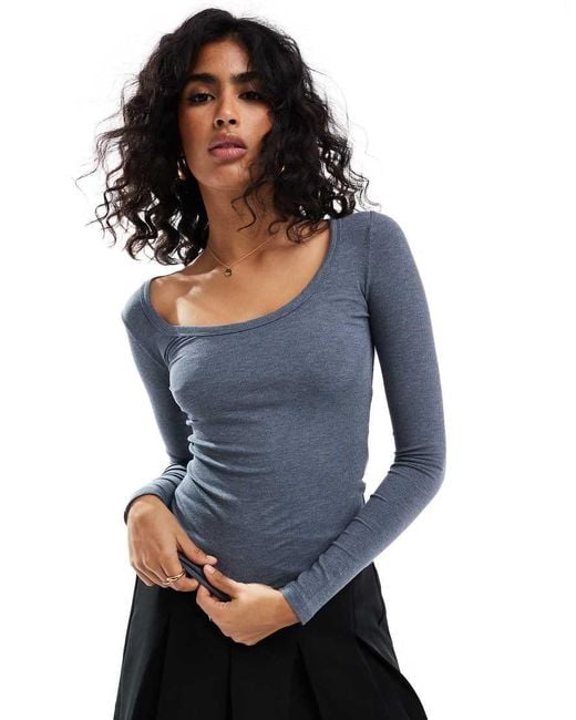 Cotton On Blue Cotton On Staple Rib Scoop Neck Long Sleeve Top