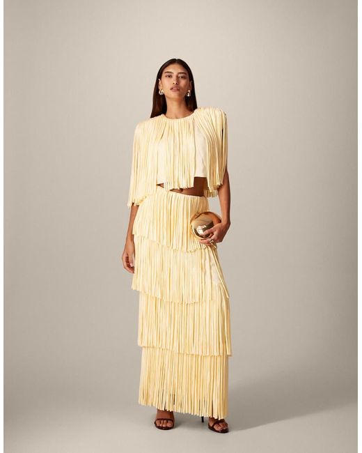 ARRANGE Natural Fringe Tiered Top Co-Ord With Shoulder Pad