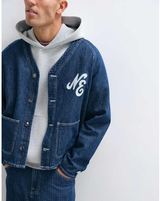 KTZ Blue Logo Button Up V-Neck Denim Jacket for men