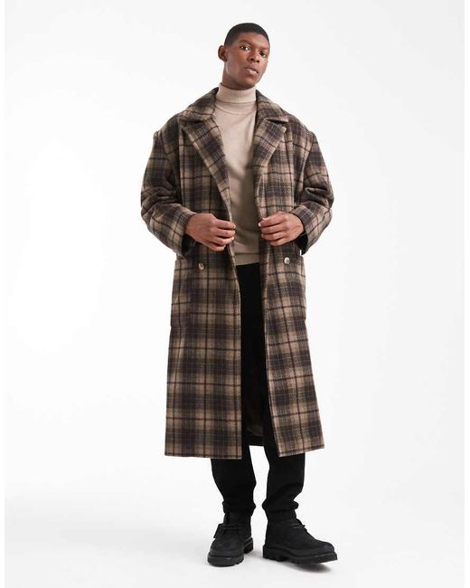 ASOS Brown Check Wool Look Oversized Longline Coat for men