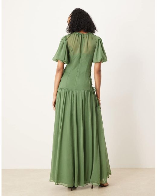 ASOS Green Asos Design Tall Puff Sleeve Chiffon Midaxi Dress