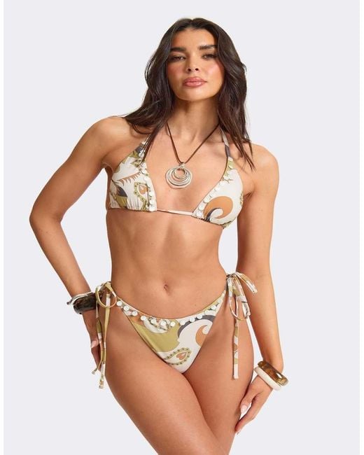 Missy Empire Brown Abstract Print Shell Trim Bikini Bottom