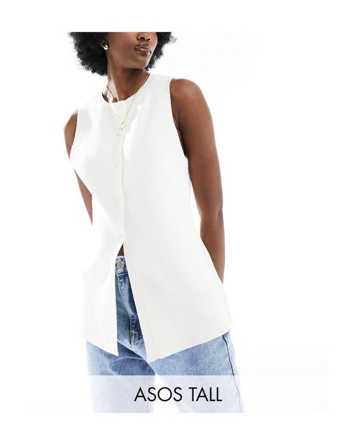 ASOS White Asos Design Tall Knitted Crew Neck Waistcoat With Front Split