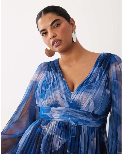 Lace & Beads Plus Blue Tulle Balloon Sleeve Ruffle Tiered Midi Dress
