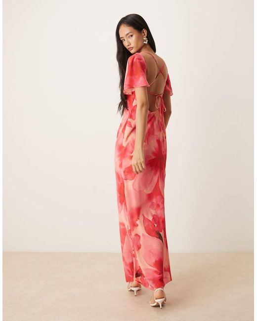 Pretty Lavish Pink Jules Flutter Sleeve Open Lace Up Back Maxi Dress