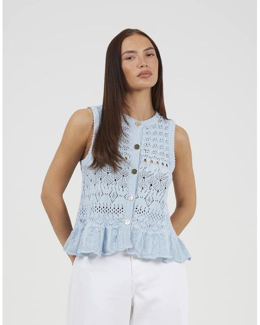 Brave Soul Blue Pointelle Knit Waistcoat With Frill Hem