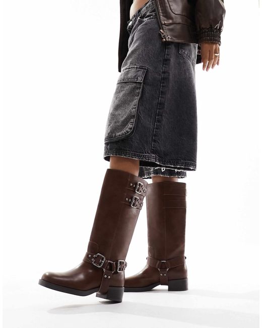 Stradivarius Black Buckle Detail Biker Boot