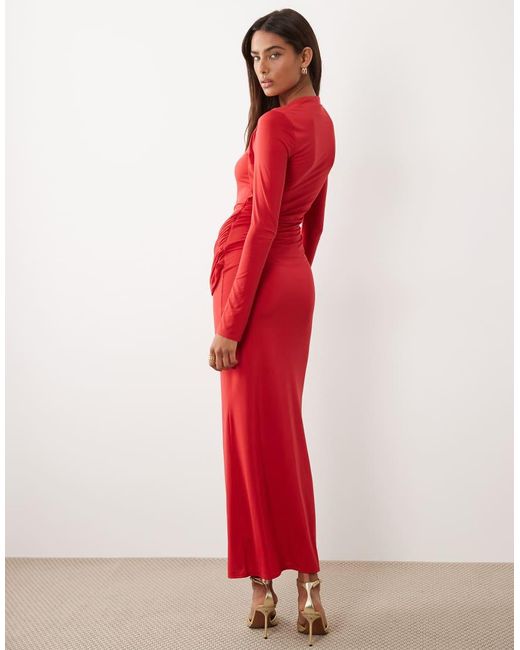 ASOS Red Slinky Square Neck Maxi Dress With Asymmetric Drape Detail