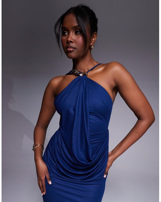 ASOS Blue Premium Jersey Linen Halterneck Maxi Dress With Multi Trim Detail And Train