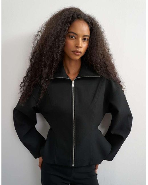 TOPSHOP Black Tailored Zip Through Peplum Top