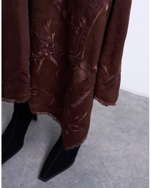 TOPSHOP Brown Satin Hanky Hem Midi Skirt With Lace Embroidery