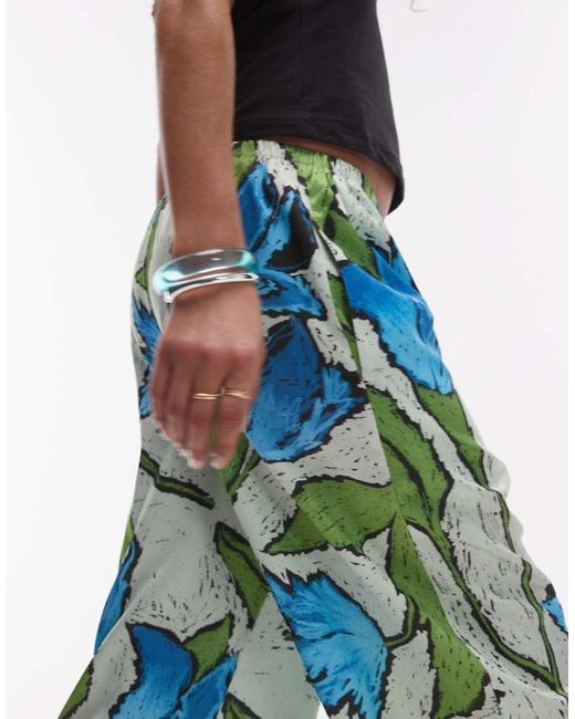 TOPSHOP And Blue Floral Pull On Satin Wide Leg Trouser