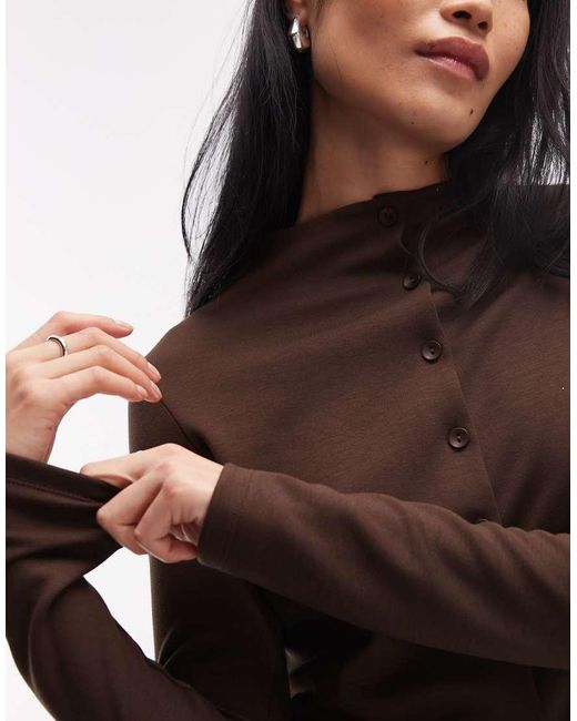 ASOS Brown Long Sleeve Buttoned Front Top