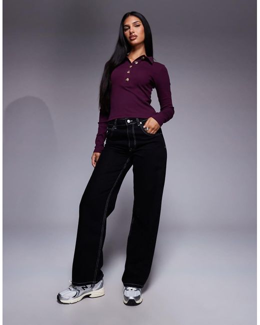 ASOS Purple Cotton Rib Polo Long Sleeve Top