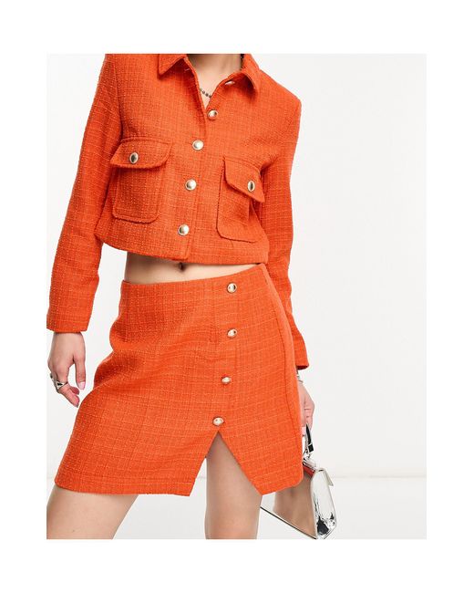 ONLY Orange Tweed Button Detail Skirt With Side Split