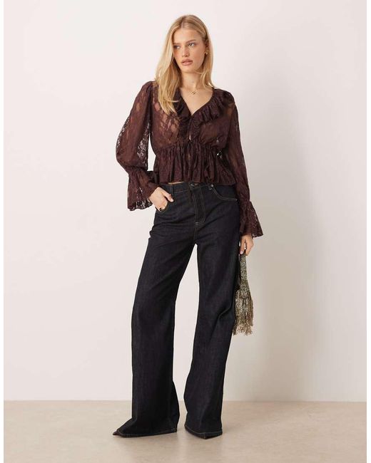 LACE & BEADS Brown Sheer Lace V Neck Ruffle Detail Top