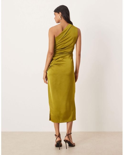 Mango Yellow One Shoulder Ruched Side Midi Dress