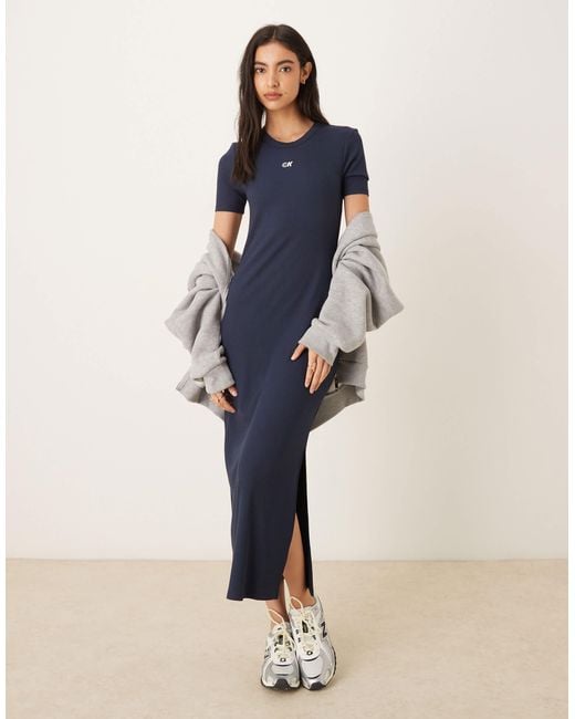 Calvin Klein Short Sleeve Logo Rib Midi Dress in Blue | Lyst Calvin Klein Short Sleeve Logo Rib Midi Dress in Blue | Lyst