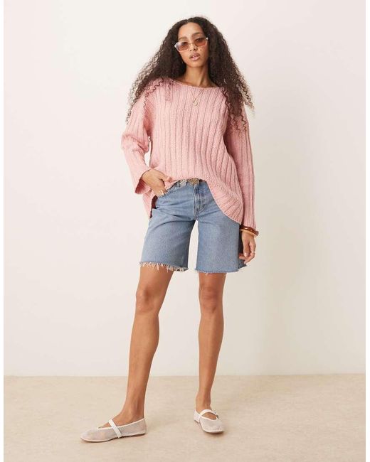 ASOS Pink Knitted Slash Neck Textured Rib Jumper