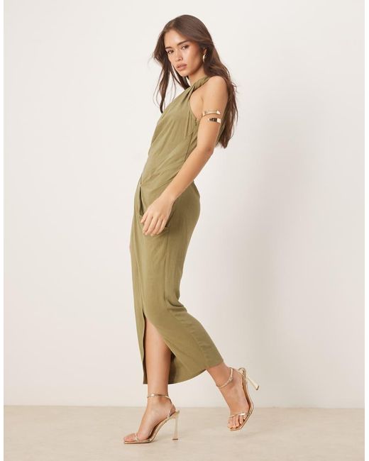 ASOS Natural Linen Mix Fallen Twist Shoulder Wrap Skirt Detail Midi Dress