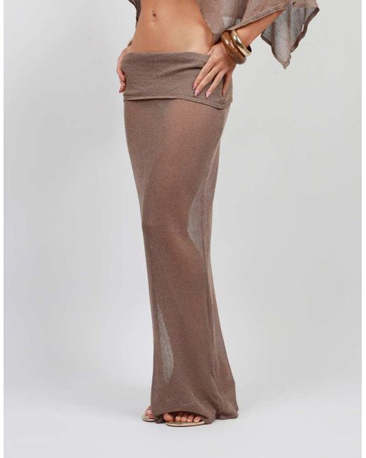SIMMI Brown Foldover Sheer Knit Maxi Skirt