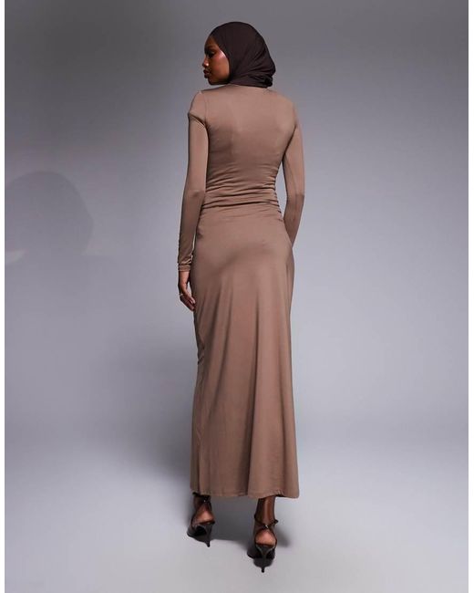 4th & Reckless Natural Slinky Drape Front Metal Detail Ruched Bust Long Sleeve Maxi Dress