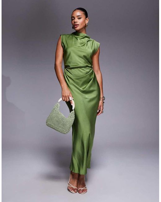 green satin high neck dress Green High Neck Satin Mini Dress With Keyhole