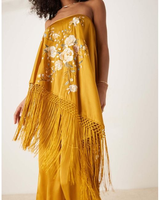 ASOS Yellow Embroidered Fringe Overlay Satin Jumpsuit