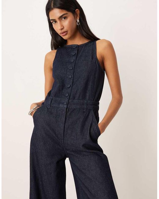 ASOS Blue Wide Leg Denim Jumpsuit With Button Front