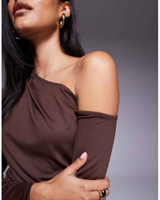 ASOS Brown Polyamide Slinky One Shoulder Drape Asymmetric Top