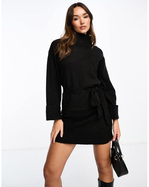 Vila Black Roll Neck Mini Jumper Dress With Tie Waist