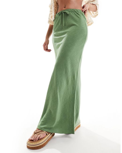 Jupe longue coupée en biais en aspect lin avec liens à la taille - kaki ASOS en coloris Green