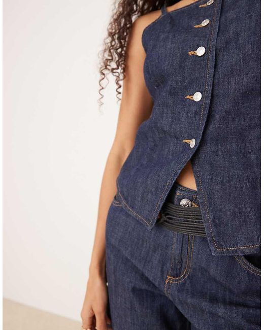 Chaleco Oscuro De Tirantes De Tejido Efecto Denim De (Parte De Un Conjunto) Mango de color Blue