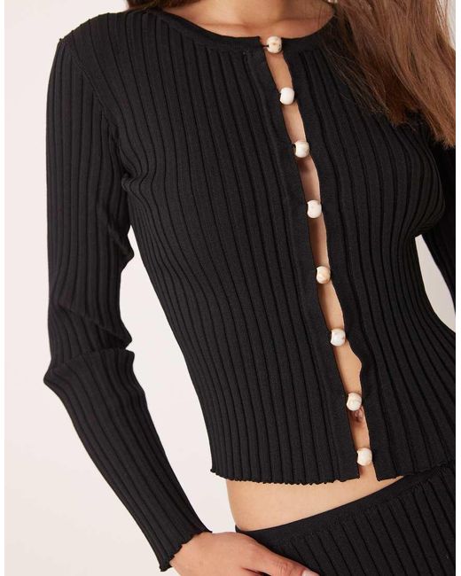 SNDY'S Black Ribbed Knit Pearl Open Detail Long Sleeve Top Co-ord