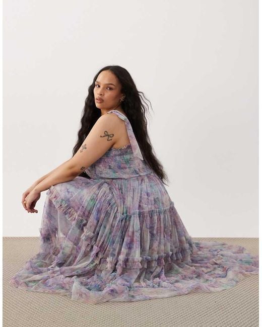 Lace & Beads Plus Purple Bow Shoulder Shirred Ruffle Midi Dress