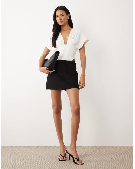 ASOS Natural Polyamide Drape Sleeve Plunge Bodysuit
