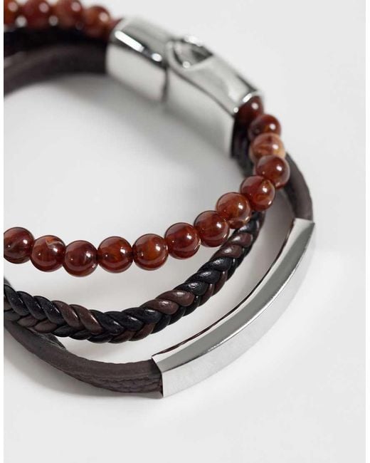 ASOS Metallic 3 Pack Faux Leather Strap And Faux Brown Semi-precious Beaded Bracelet for men