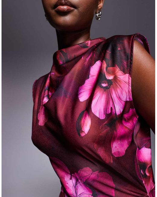 ASOS Hoogsluitende Midi Jurk Van Satijn Met Geplooid Lijfje En Bloemenprint in het Purple