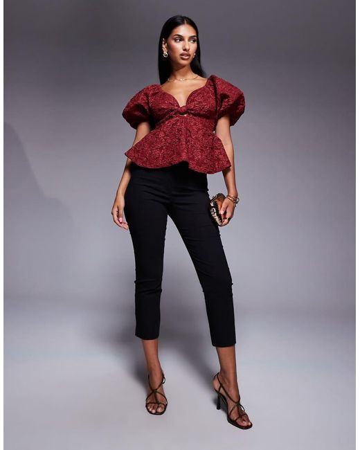 New Look Red Jacquard Puff Sleeve Top