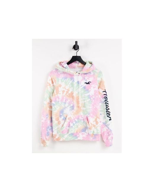 Sudadera con capucha, efecto tie dye y logo Hollister de color Pink