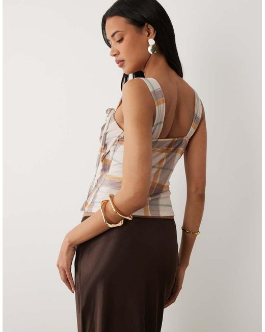 ASOS Natural Printed Mesh Draped Square Neck Top